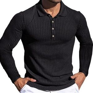 URRU Mens Muscle Shirts Stretch Long Sleeve Classic Ribbed Casual Slim Fit L Blk